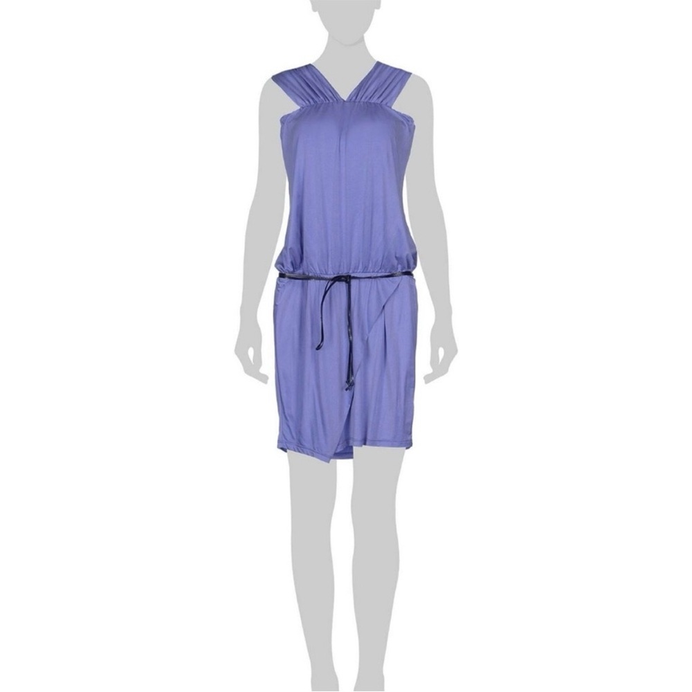 MYF Lilac Purple Faux Wrap Stretch Halter Silk Mini Dress - Size L